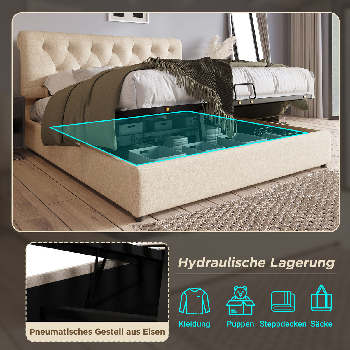 Hydraulic Upholstered Bed 140x200cm with Storage, Natural