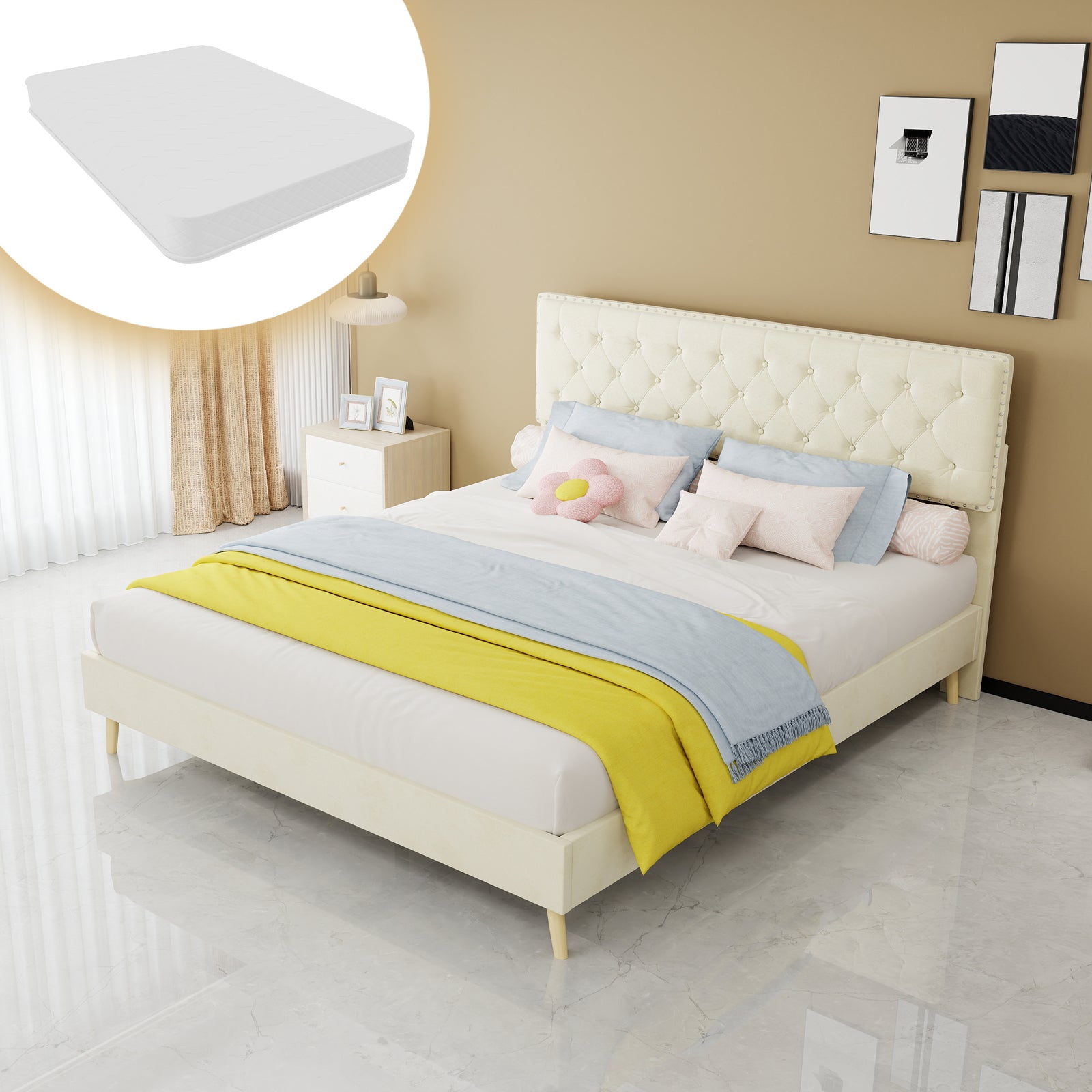 Modern Soft Bed with Soft Headboard & Mattress 160x200cm, Beige