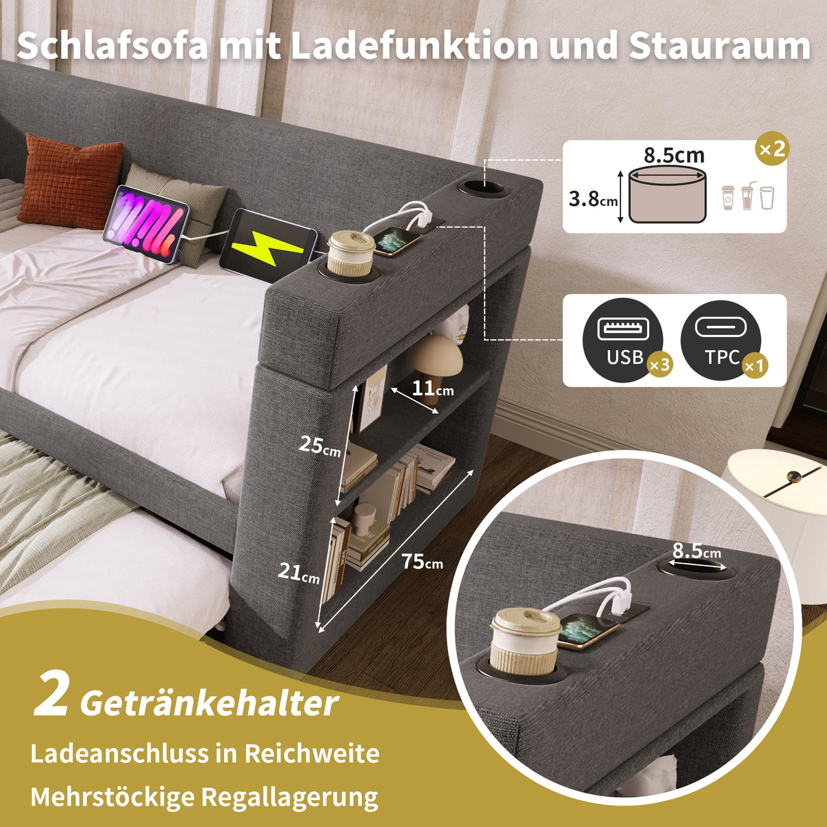 Upholstered Bed 140x200cm with USB, Storage & LED, Grey