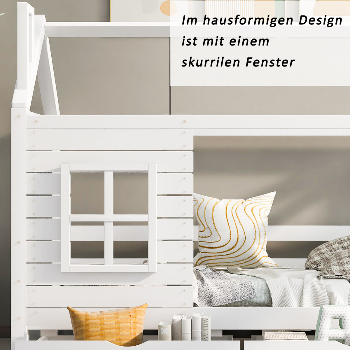 House Bed 90x200 with Fall Protection & Window, Solid Wood White