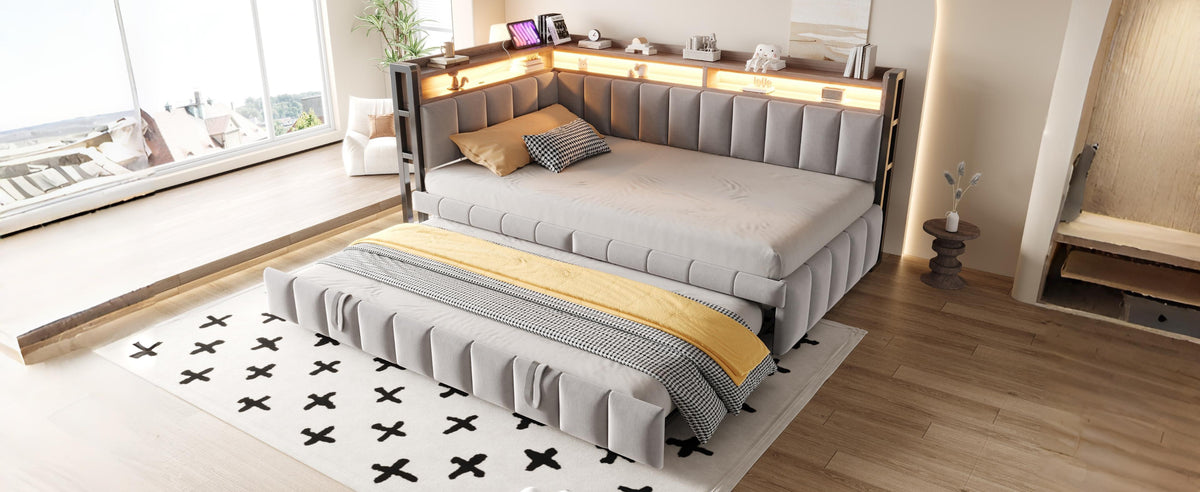 Upholstered Sofa Bed 90x200cm, Pull-Out Bed & LED, Light Grey Velvet
