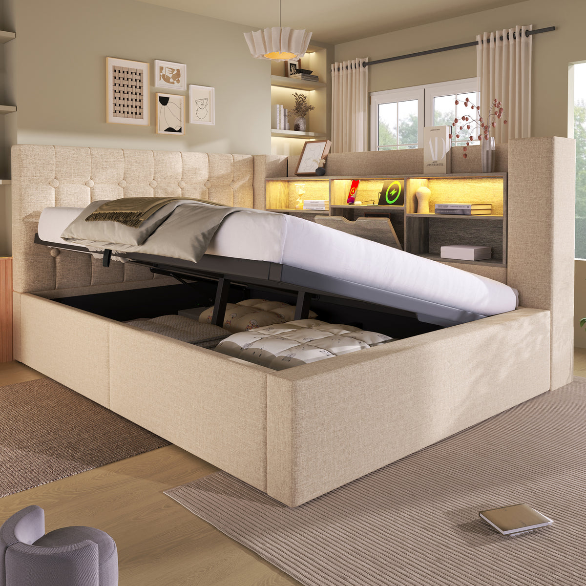Upholstered Bed 140x200 with LED & Storage, Beige Linen