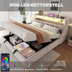 Upholstered Bed 180x200 with Hydraulic Storage & LED, Beige Velvet