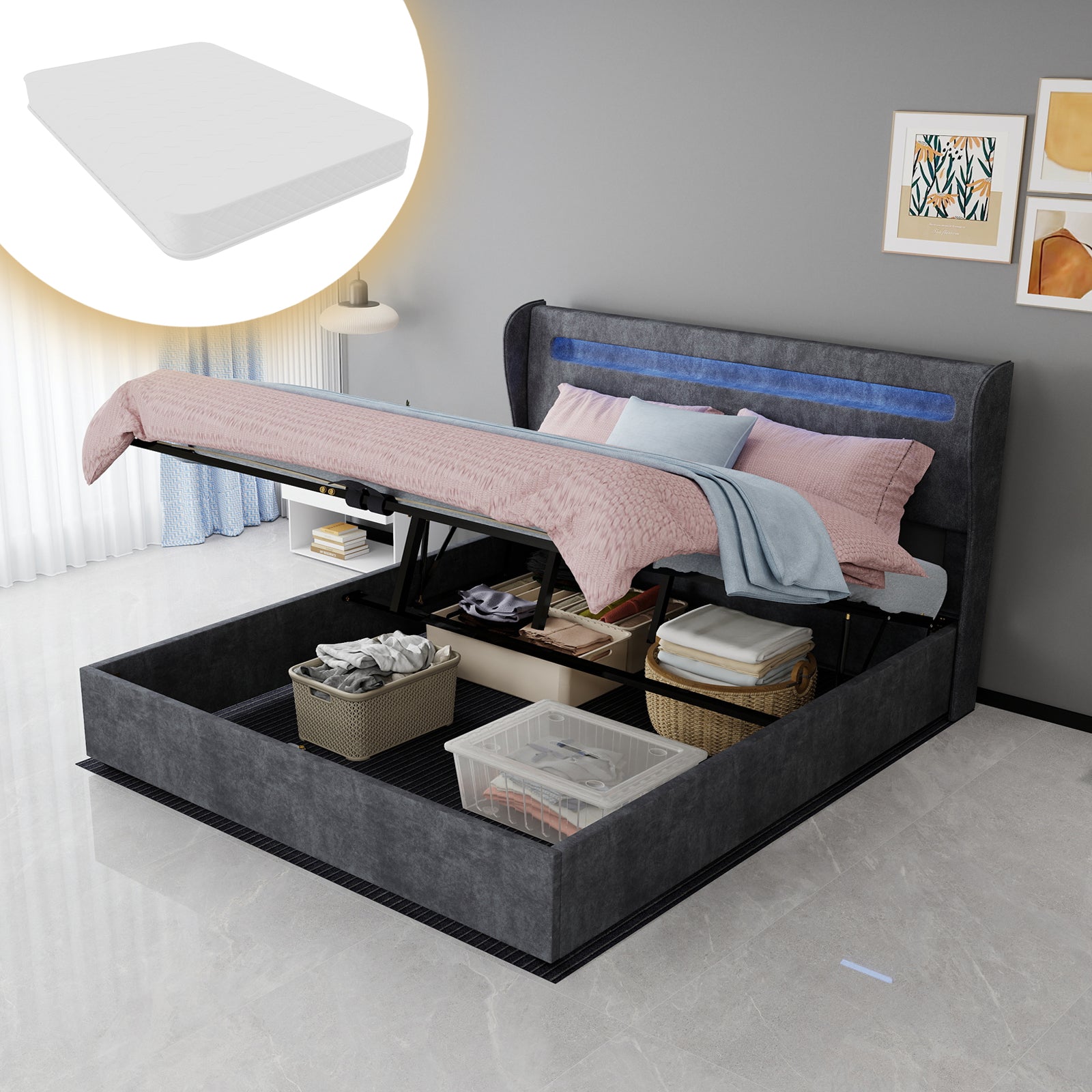 Upholstered Bed 160x200cm with LED Headboard & Storage, Grey