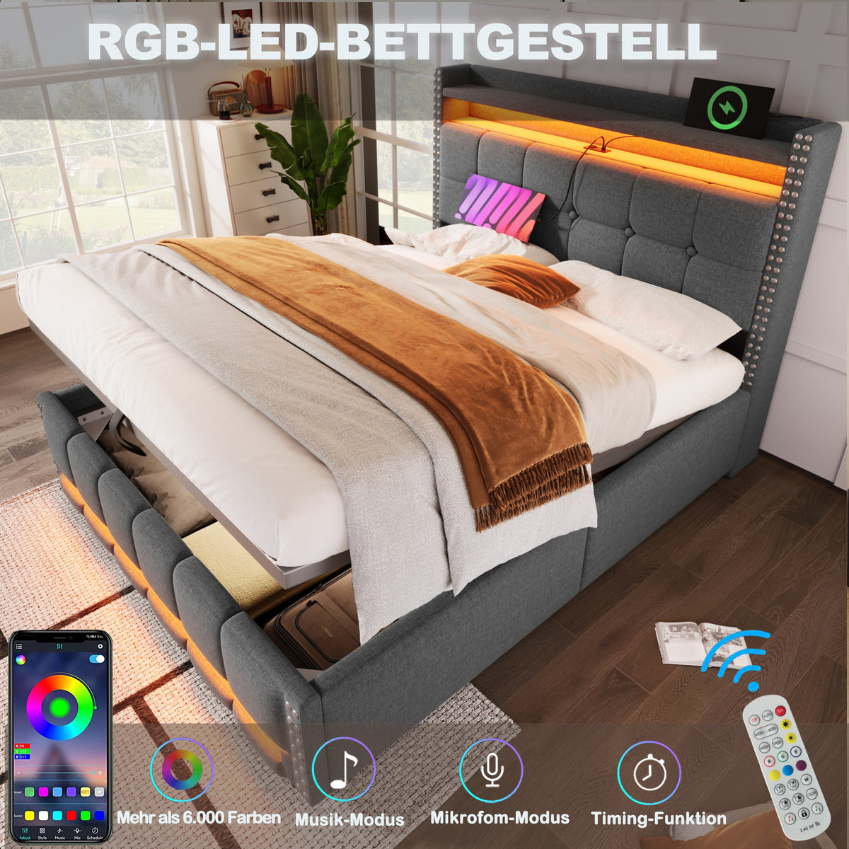 Upholstered Bed 160x200cm with LED & Storage, Grey Linen