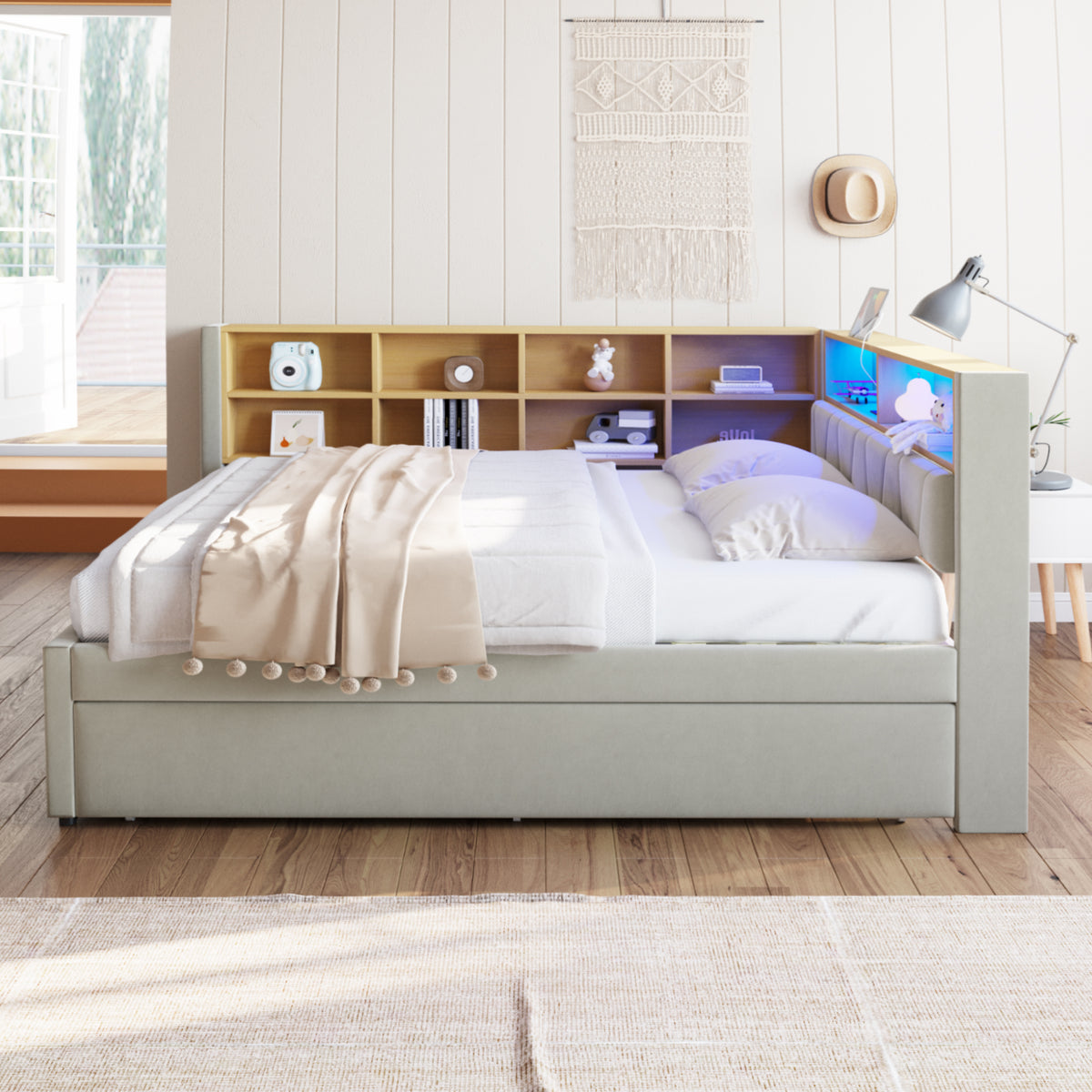 Sofa Bed 140x200cm with Trundle, LED & Storage, Light Grey Flannel