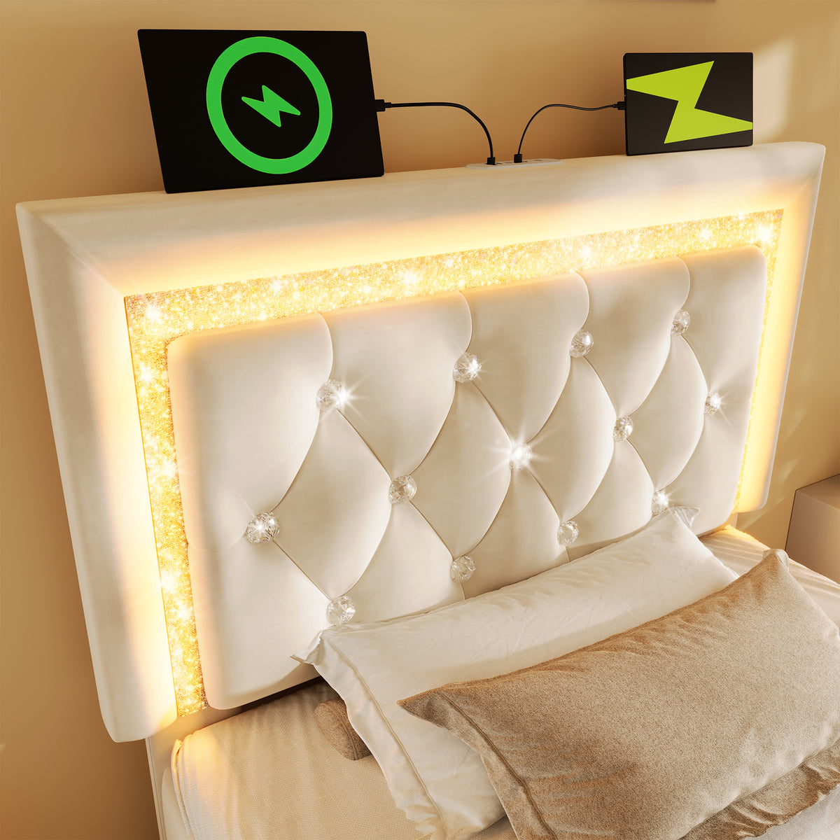 Upholstered Bed 90x200cm with LED & Storage, Beige Velvet