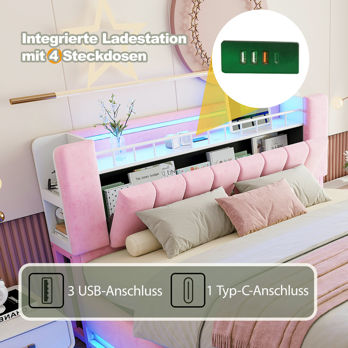 Smart Upholstered Bed 160x200cm with LED & Storage, Pink Velvet