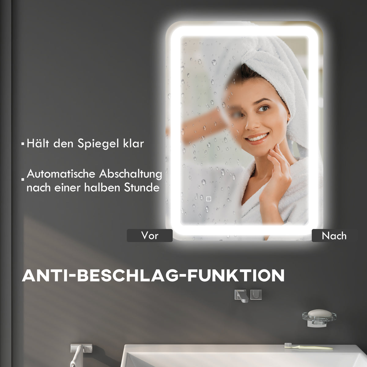 LED Bathroom Mirror 50x70cm, 3 Light Colors, Anti-Fog, Silver Glass