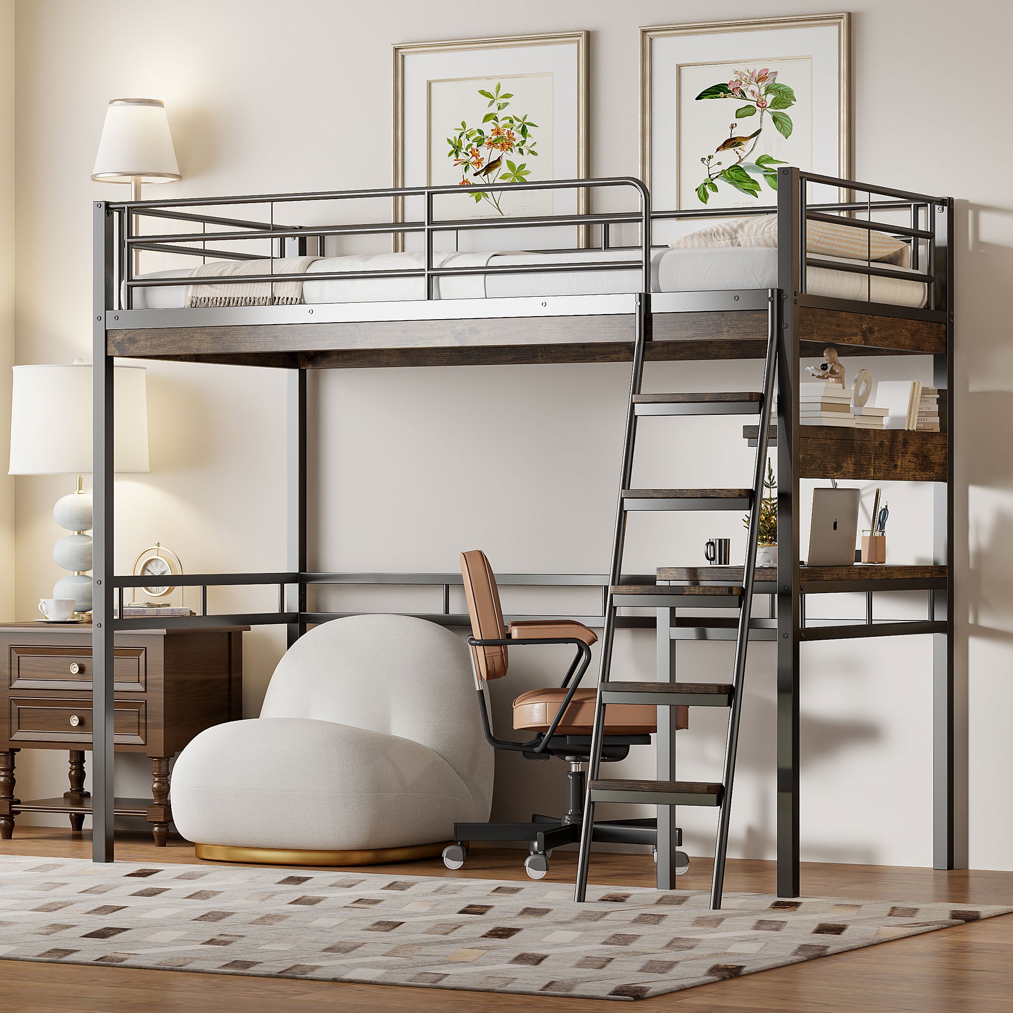Loft Bed 90x200cm with Desk and Shelves, Black Iron