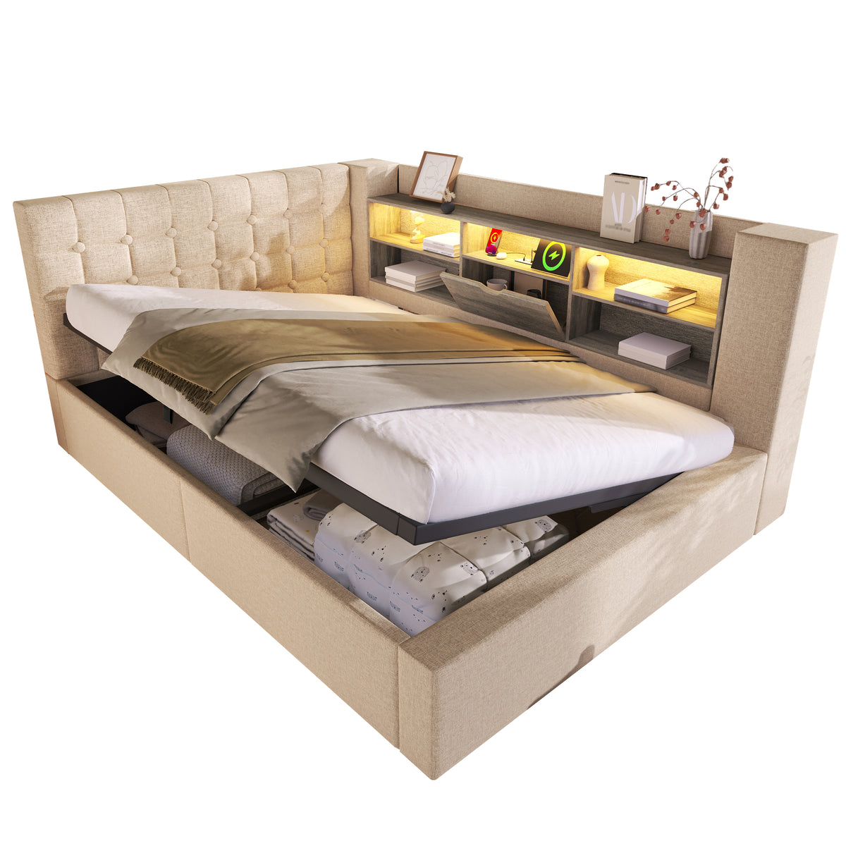 Upholstered Bed 140x200 with LED & Storage, Beige Linen