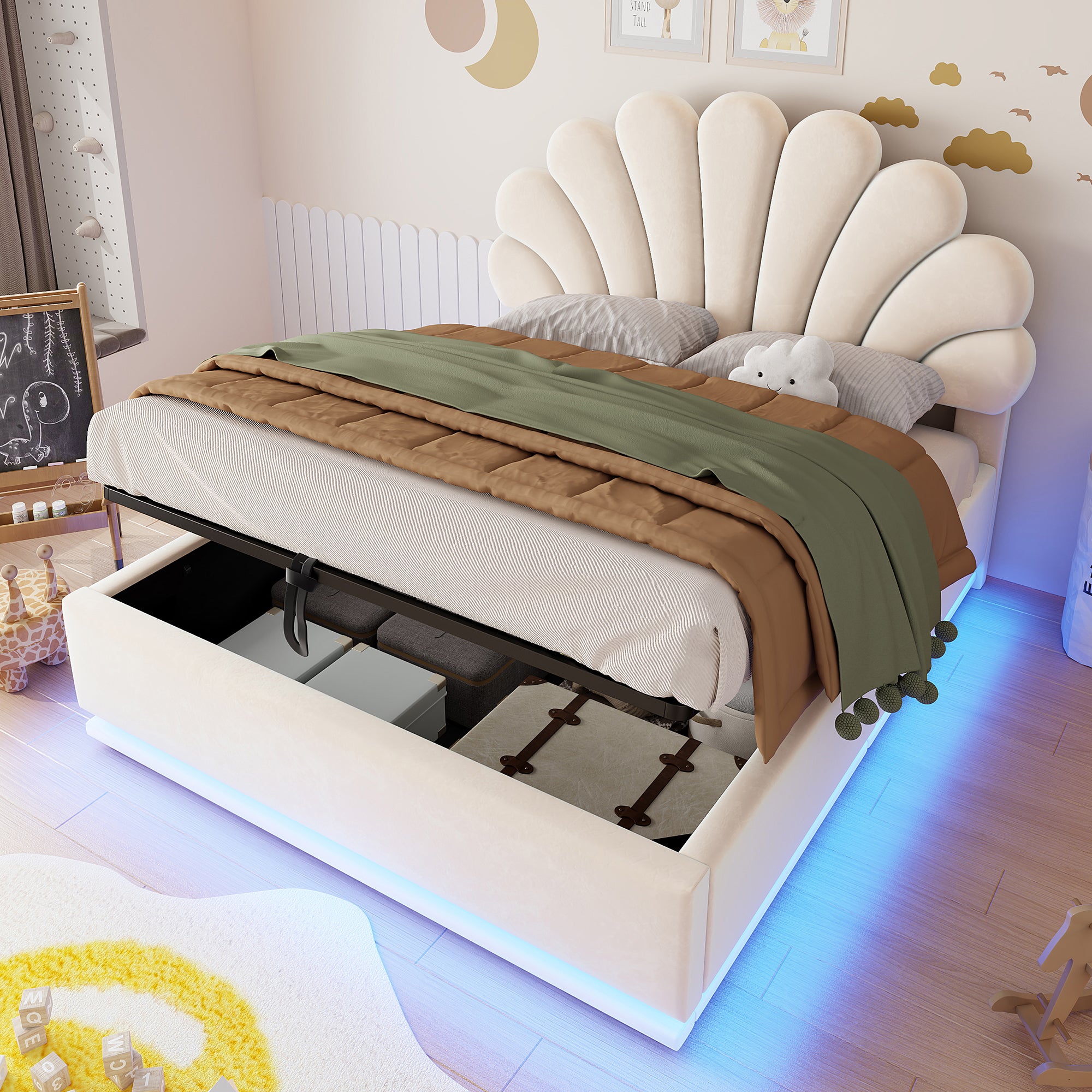 Upholstered Bed 140x200cm with Storage & LED Light, Beige Velvet