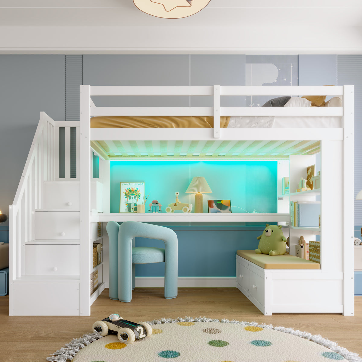 Loft Bed 90x200 with Desk, Shelves & Storage Stairs, White