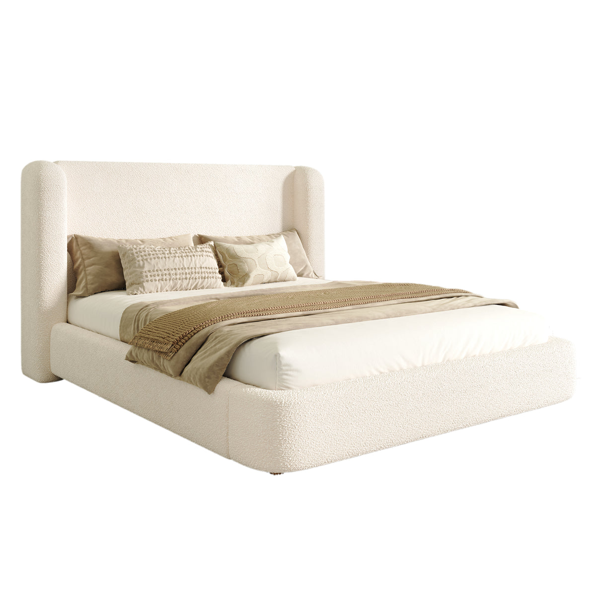 Upholstered Double Bed 180x200 cm with Slatted Base, Beige Bouclé