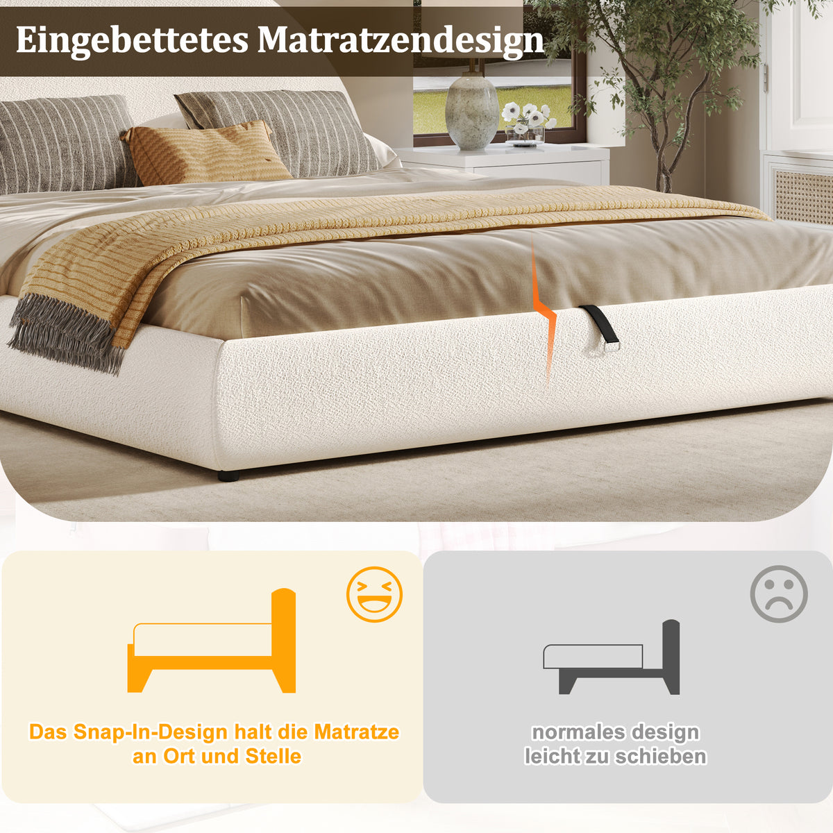 Upholstered Double Bed 160x200cm with Storage, White Bouclé