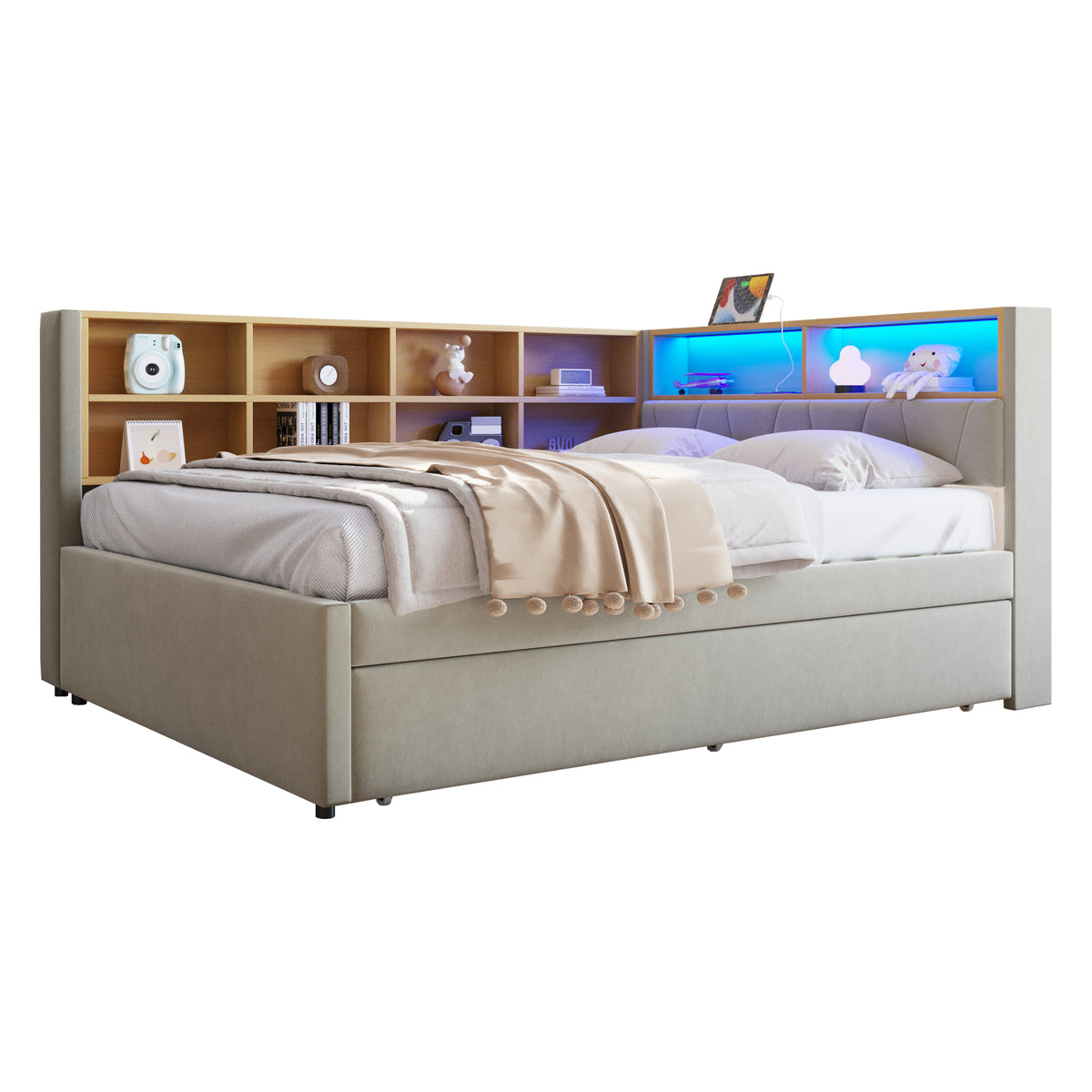 Sofa Bed 140x200cm with Trundle, LED & Storage, Light Grey Flannel