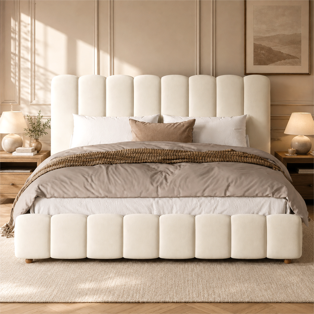 Upholstered Double Bed 160x200cm with Storage, Beige Velvet