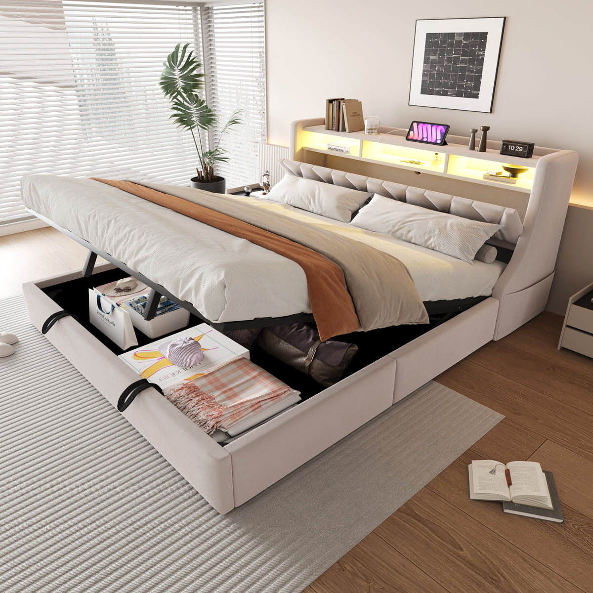 Upholstered Bed 180x200 with Hydraulic Storage & LED, Beige Velvet
