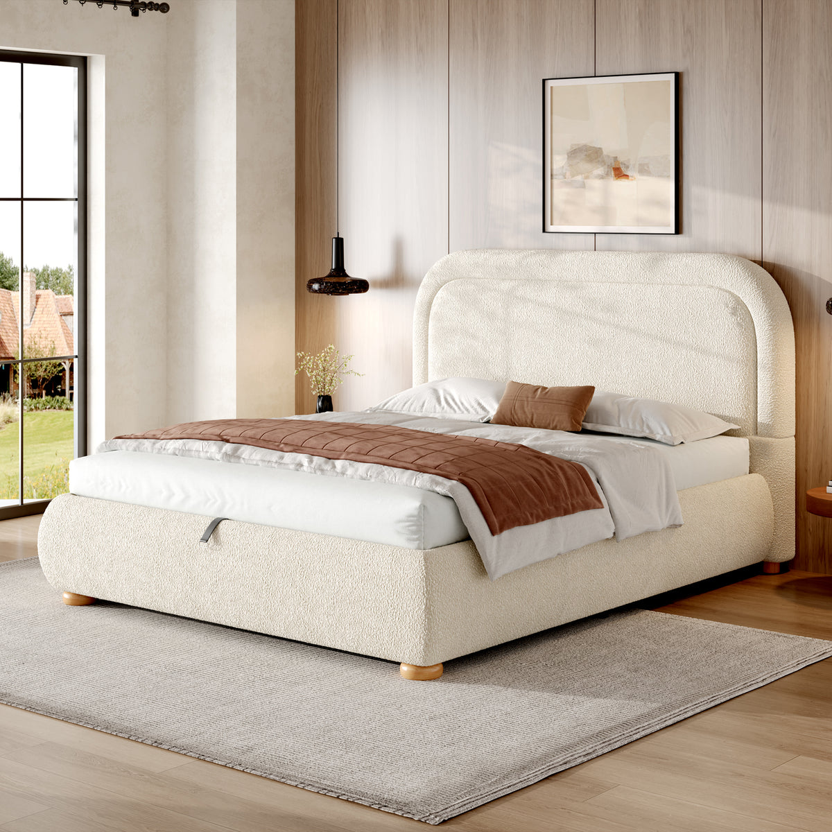 Upholstered Double Bed 140x200 cm with Storage, Beige Bouclé