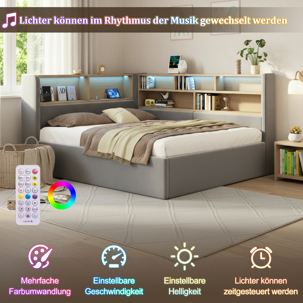 Daybed 140x190cm with Hydraulic Storage, LED & USB, Grey Velvet