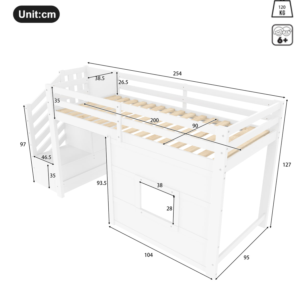 Loft Bed 90x200cm with Storage Stairs & Window, White