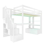 Loft Bed 90x200 with Desk, Shelves & Storage Stairs, White