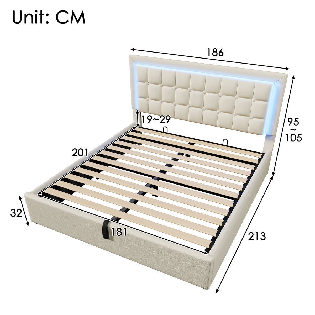 Upholstered Storage Bed 180x200cm with LED, White Faux Leather
