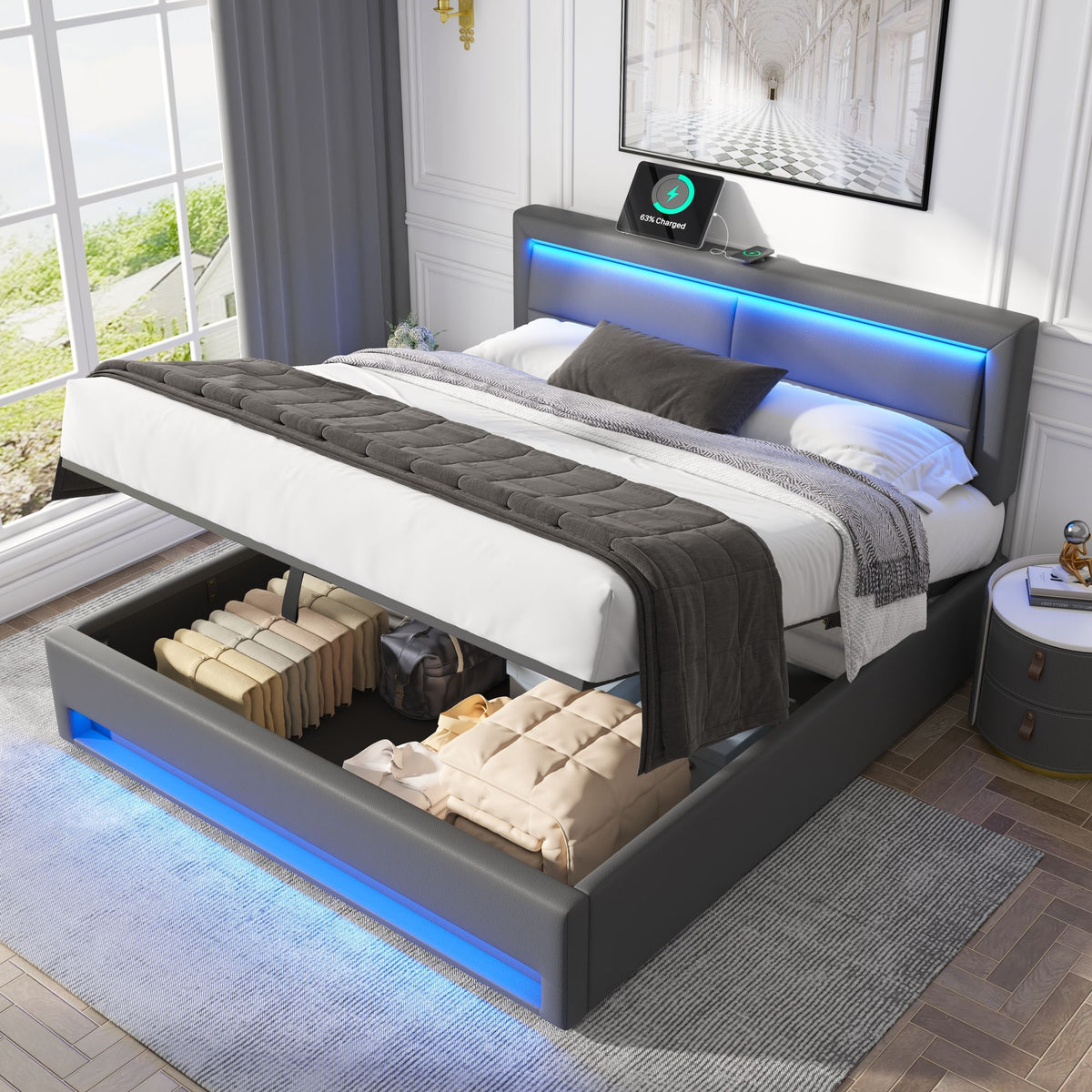 Upholstered Bed 160x200cm with LED & Storage, Grey PU
