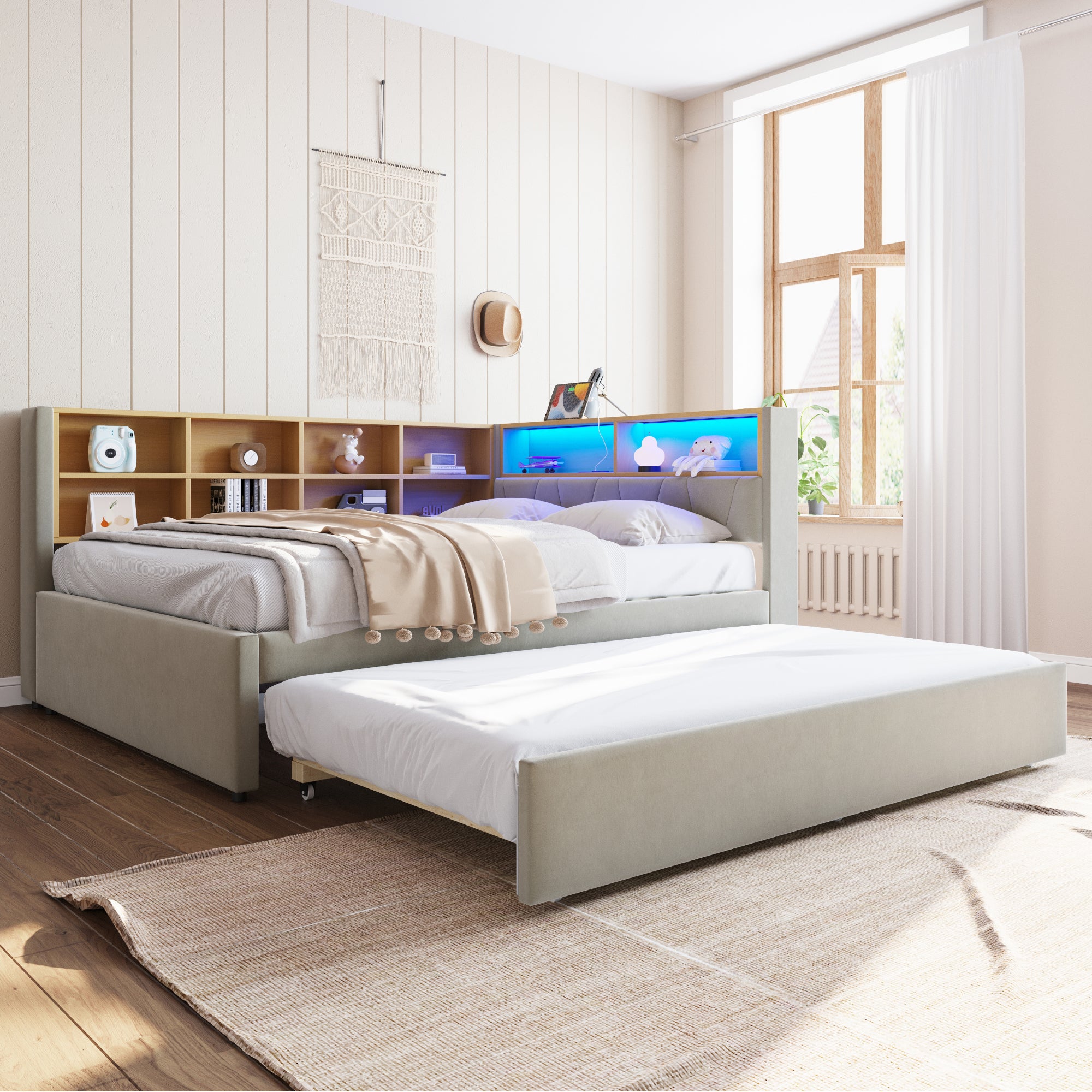 Sofa Bed 140x200cm with Trundle, LED & Storage, Light Grey Flannel