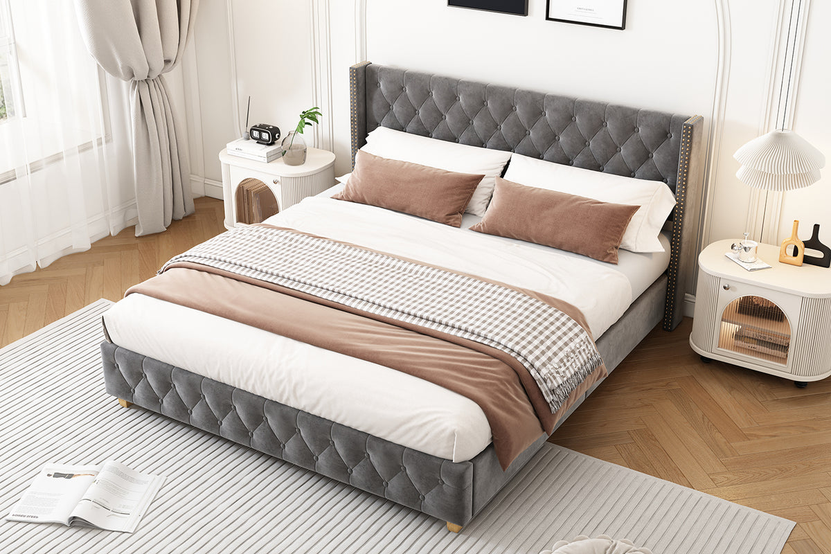 Upholstered Bed 140x190cm with Slatted Frame, Grey Velvet
