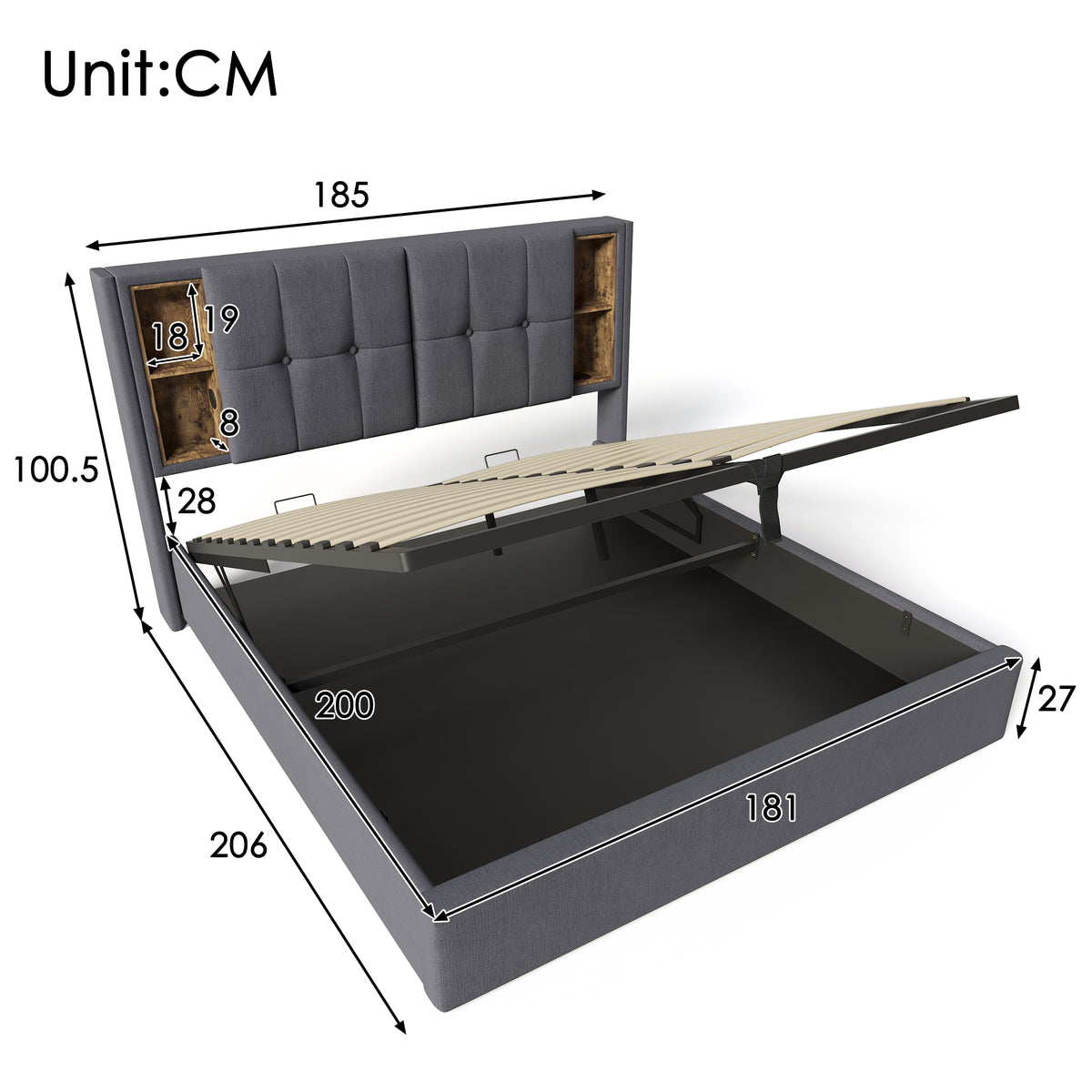 Upholstered Double Bed 180x200cm with Storage & USB-C, Grey Cotton