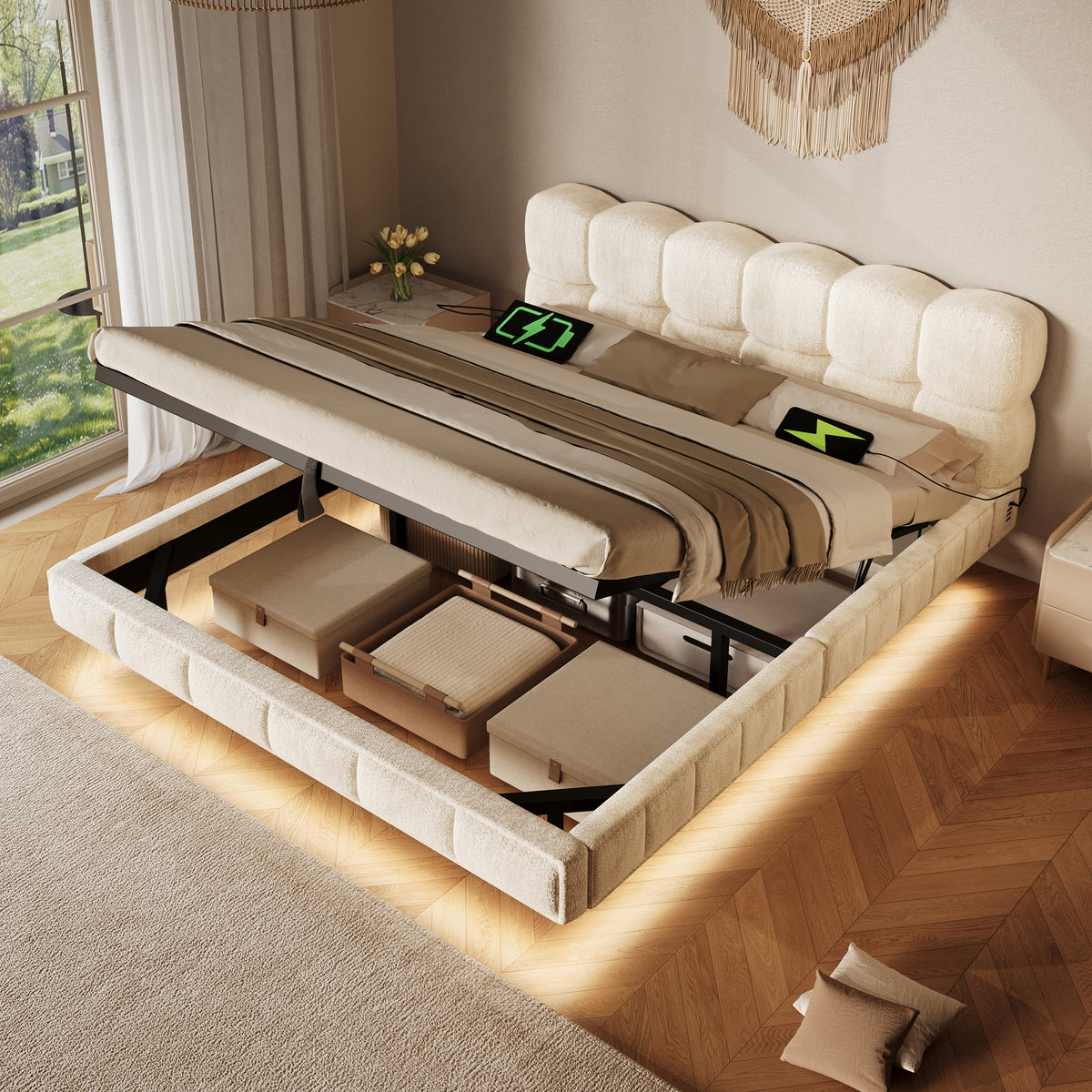 Sofa Bed 90x190cm with Pull-Out Bed & LED Storage, Dark Grey Velvet