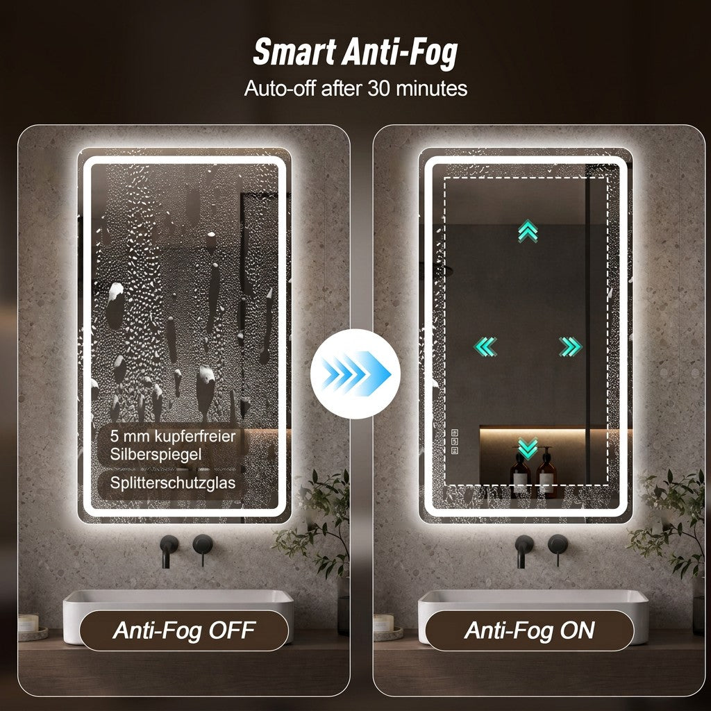 Frameless LED Bathroom Mirror 60x100 cm - Anti-Fog Dimmable Glass