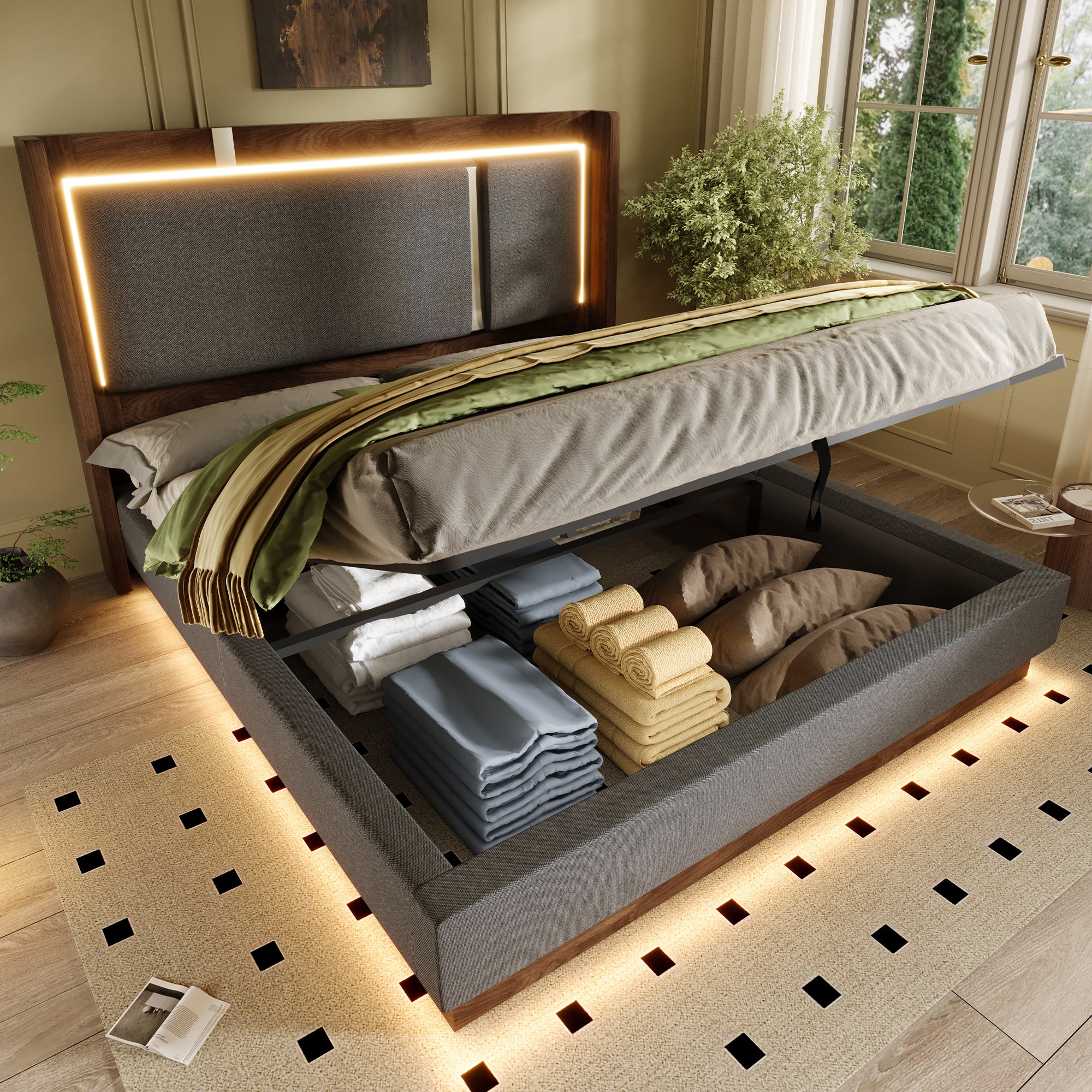 Double Upholstered Bed 140x190 with Storage & LED, Linen Grey & Walnut
