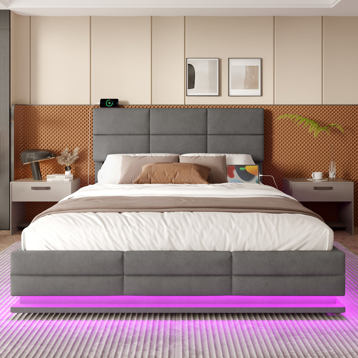 Upholstered Bed 180x200cm with Storage & LED, Grey Velour