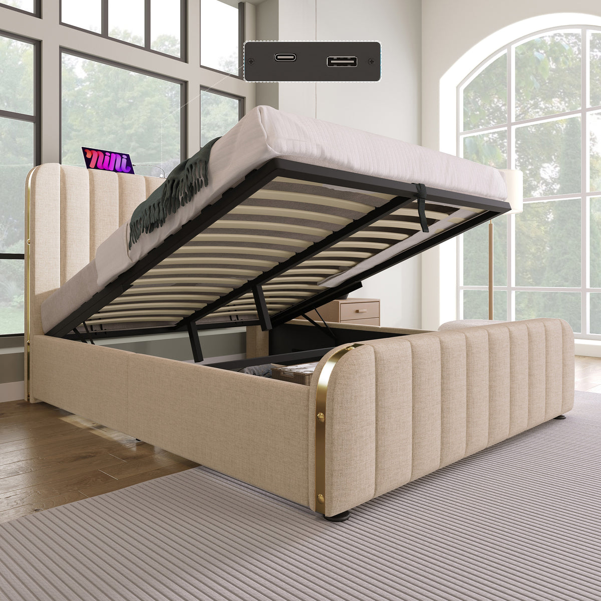 Upholstered Storage Bed 140x190cm with USB Charging, Beige Linen