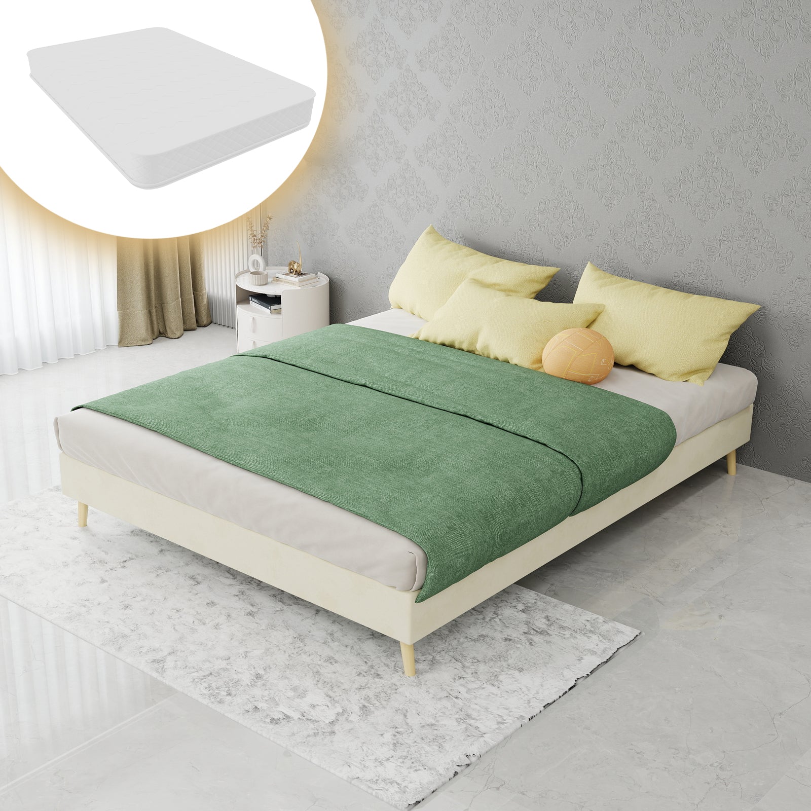 Modern Minimalist Bed Frame 140x200cm with Mattress, Beige Velvet