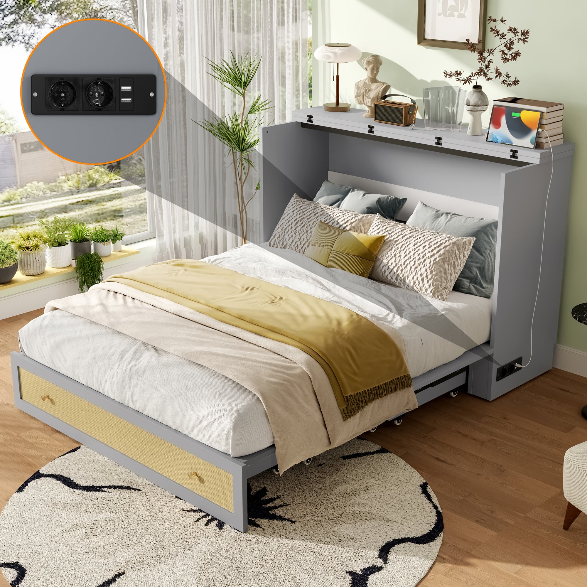 Mobile Wall Bed 140x200cm with Drawers & USB, Grey
