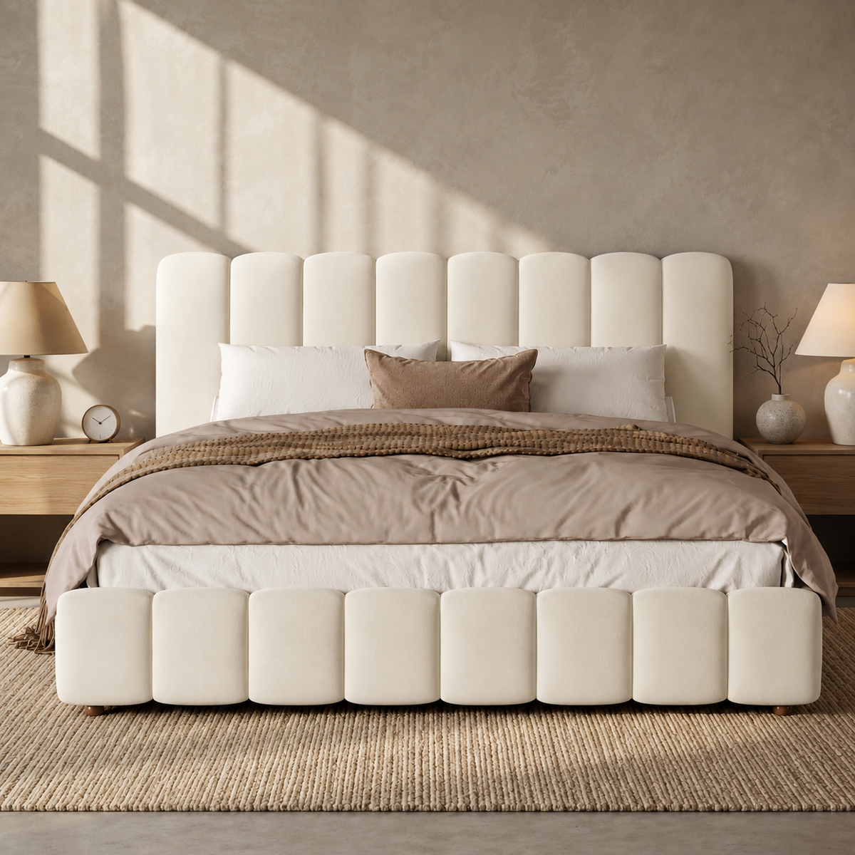 Upholstered Double Bed 180x200cm with Storage, Beige Velvet