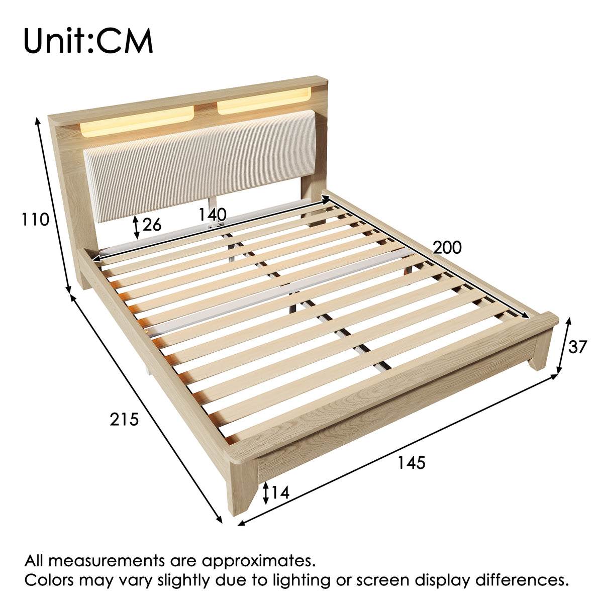 Wooden Double Bed 140x200cm with Storage & LED, Light Oak