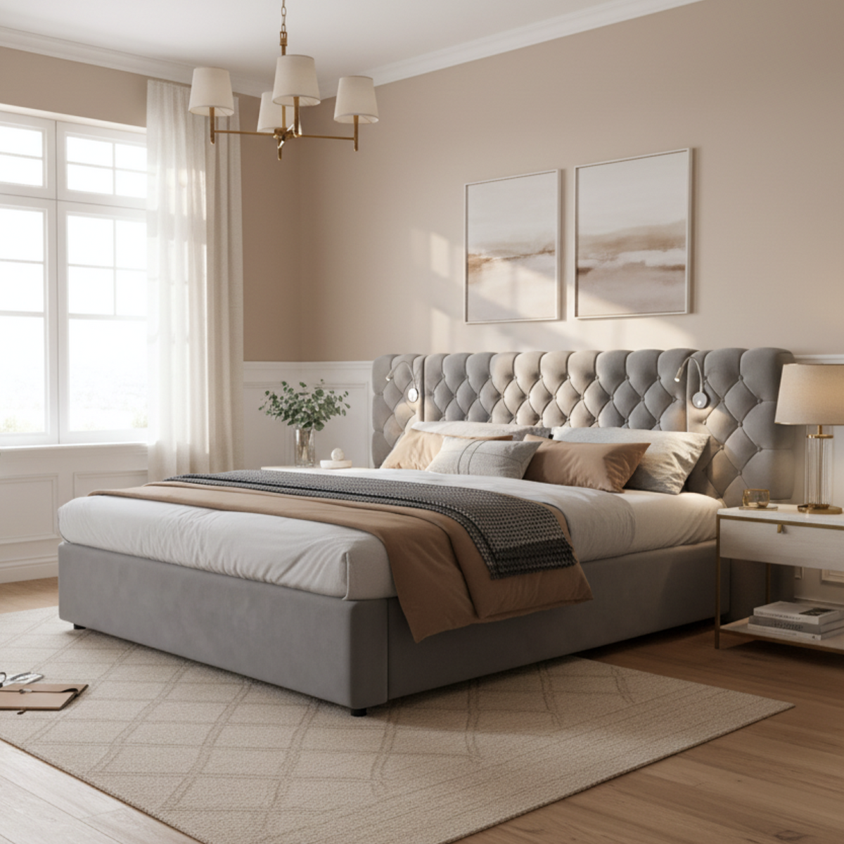 Upholstered Hydraulic Storage Bed 180x200 LED, Grey Velvet