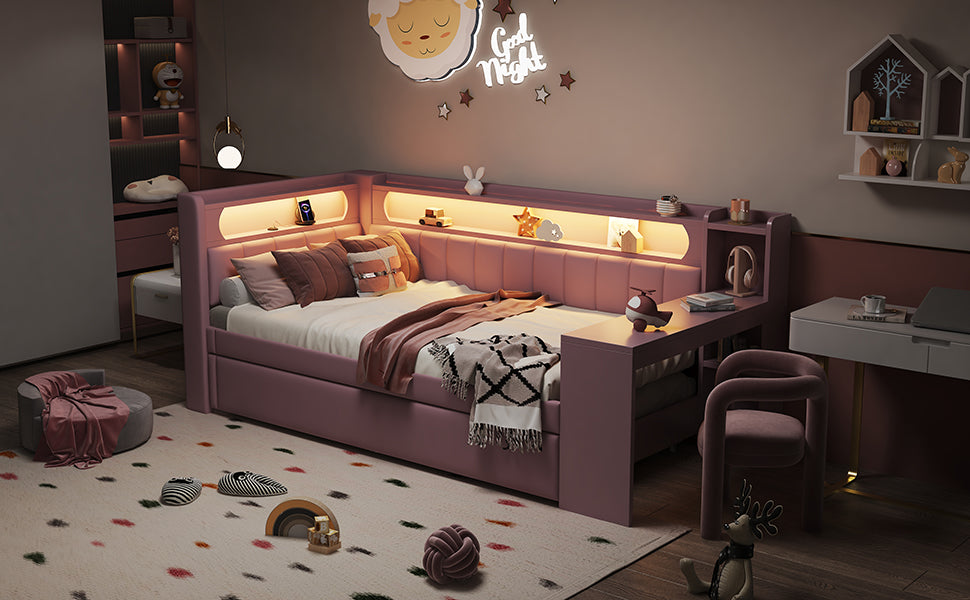 Upholstered Daybed 90x200cm with Trundle, Desk & LED, Pink