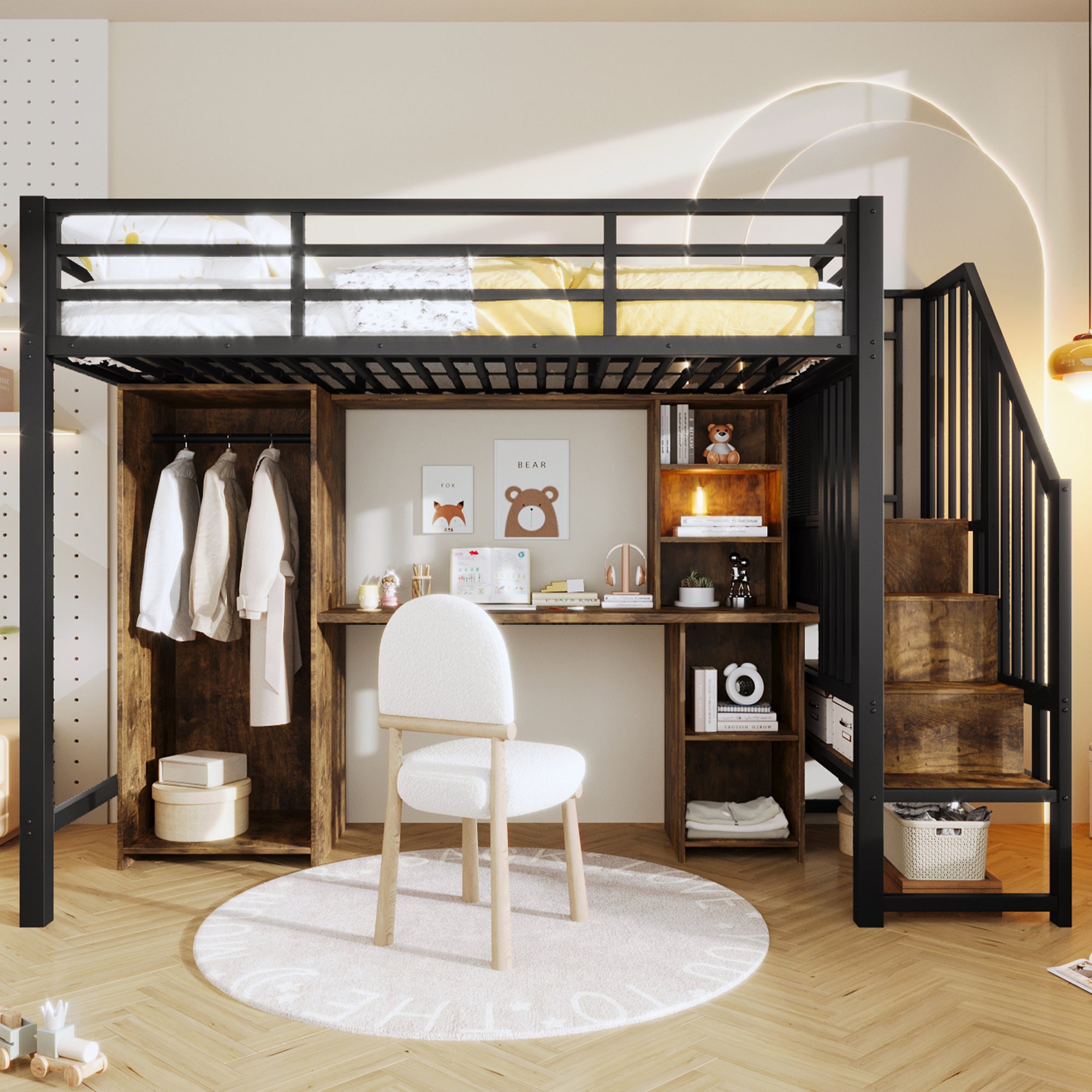 Loft Bed 90x200 cm with Wardrobe, Desk & Storage, Black Iron Frame