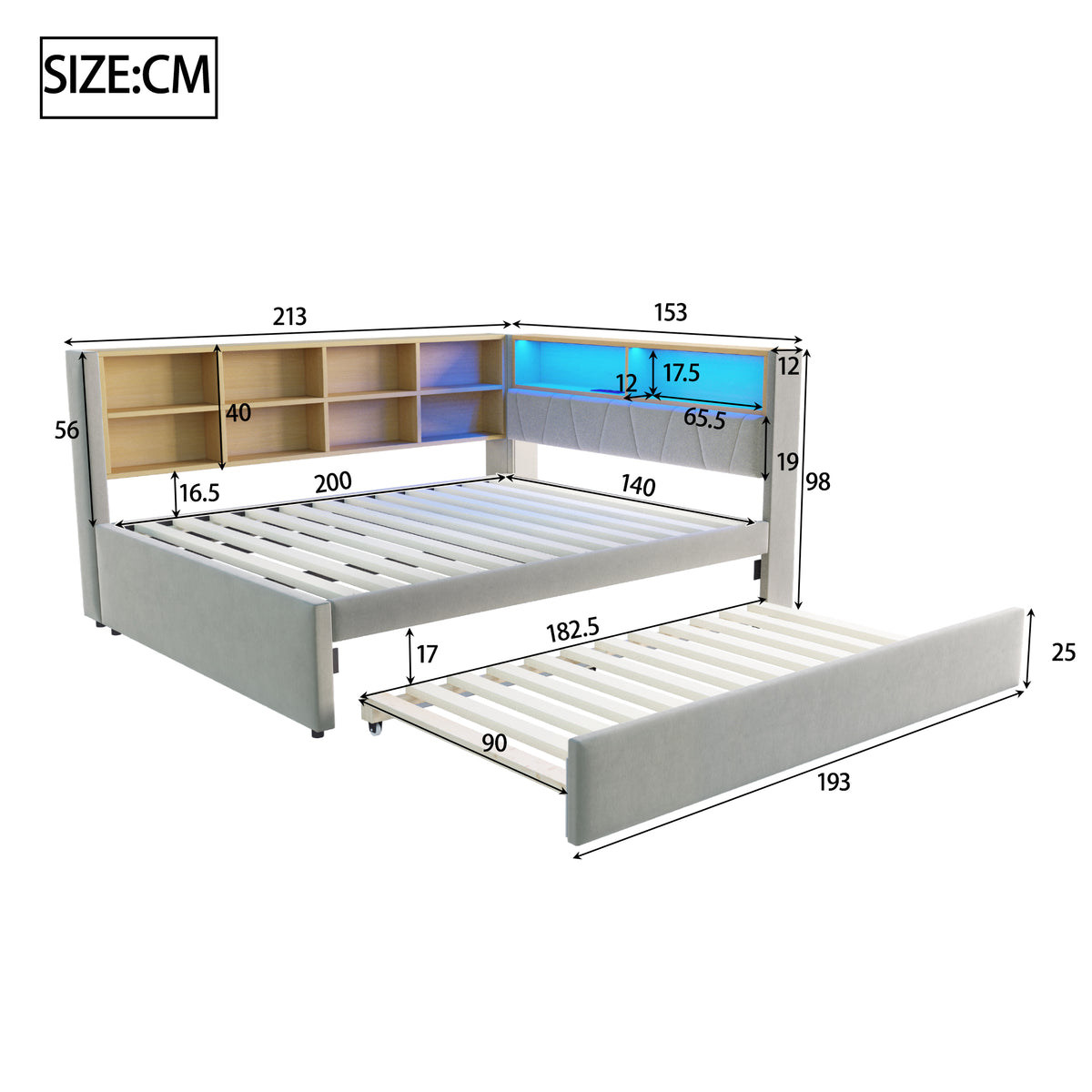 Sofa Bed 140x200cm with Trundle, LED & Storage, Light Grey Flannel