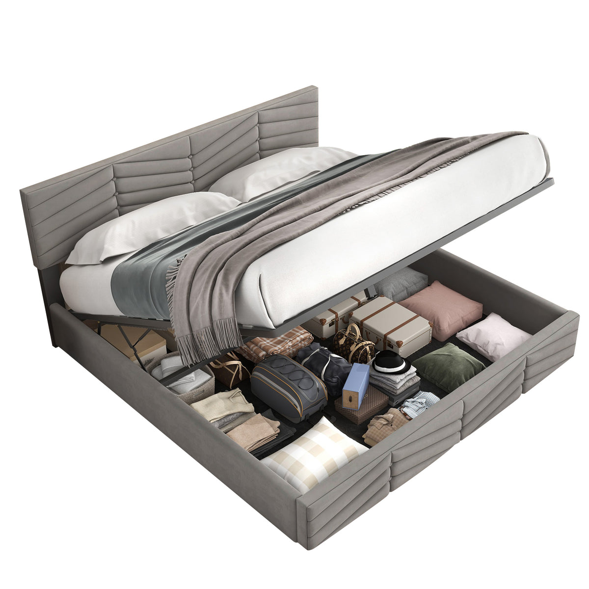 Upholstered Double Bed 140x190cm, Adjustable Headboard, Grey Velvet