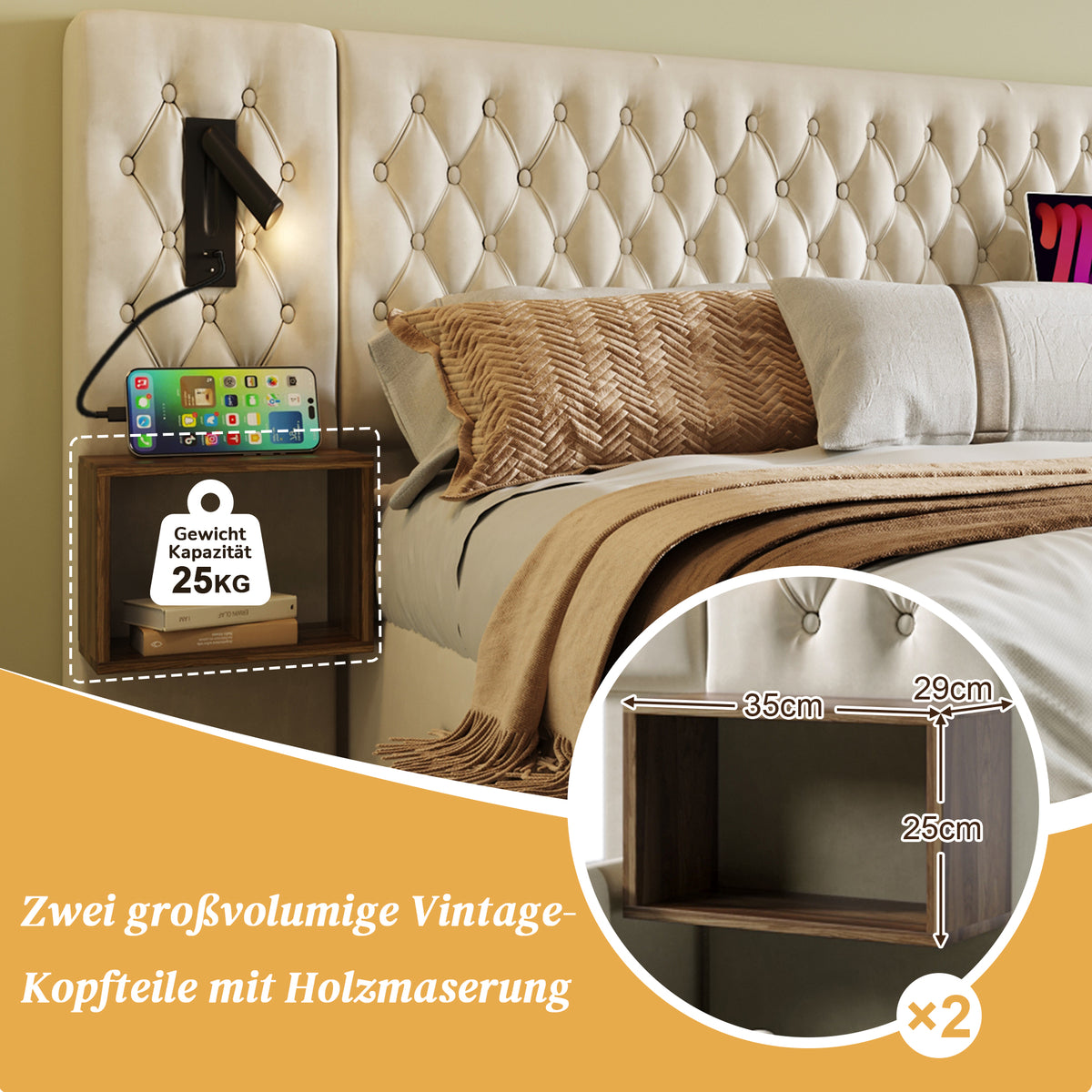 Sofa Bed 90x190cm with Storage, LED & USB, Beige Velvet