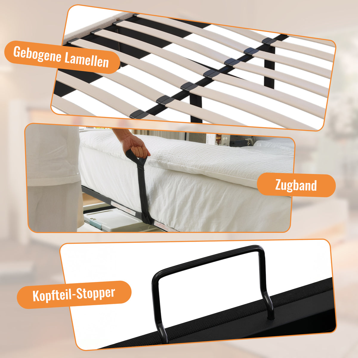 Upholstered Bed 140x190cm with Storage & Charging, Beige Linen