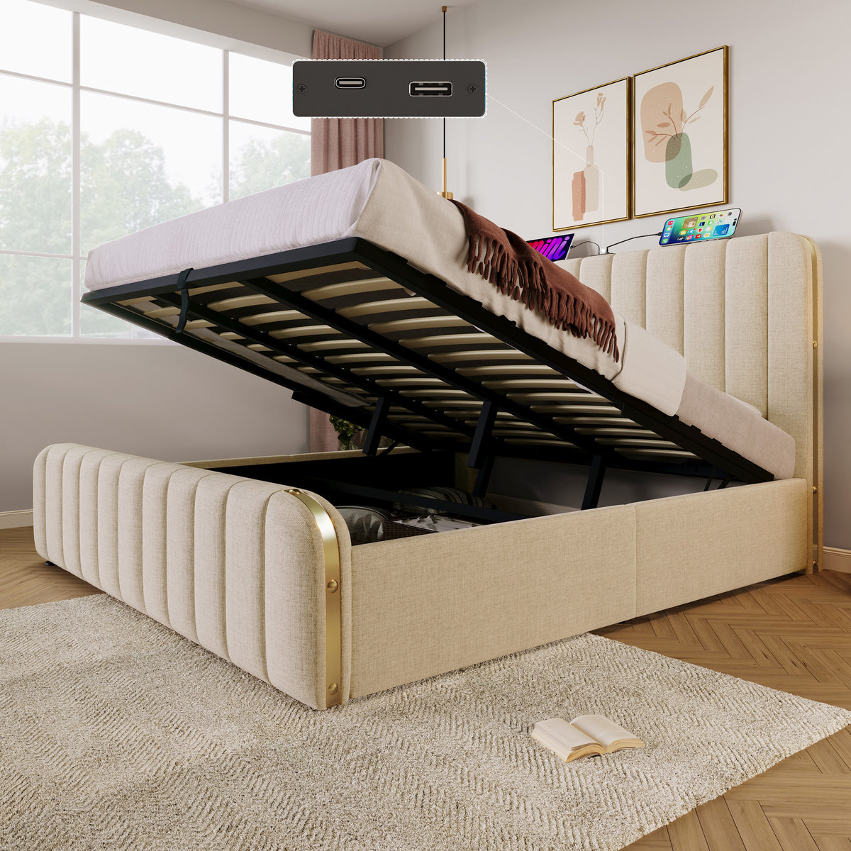 Upholstered Bed 180x200 with USB & Storage - Beige Linen