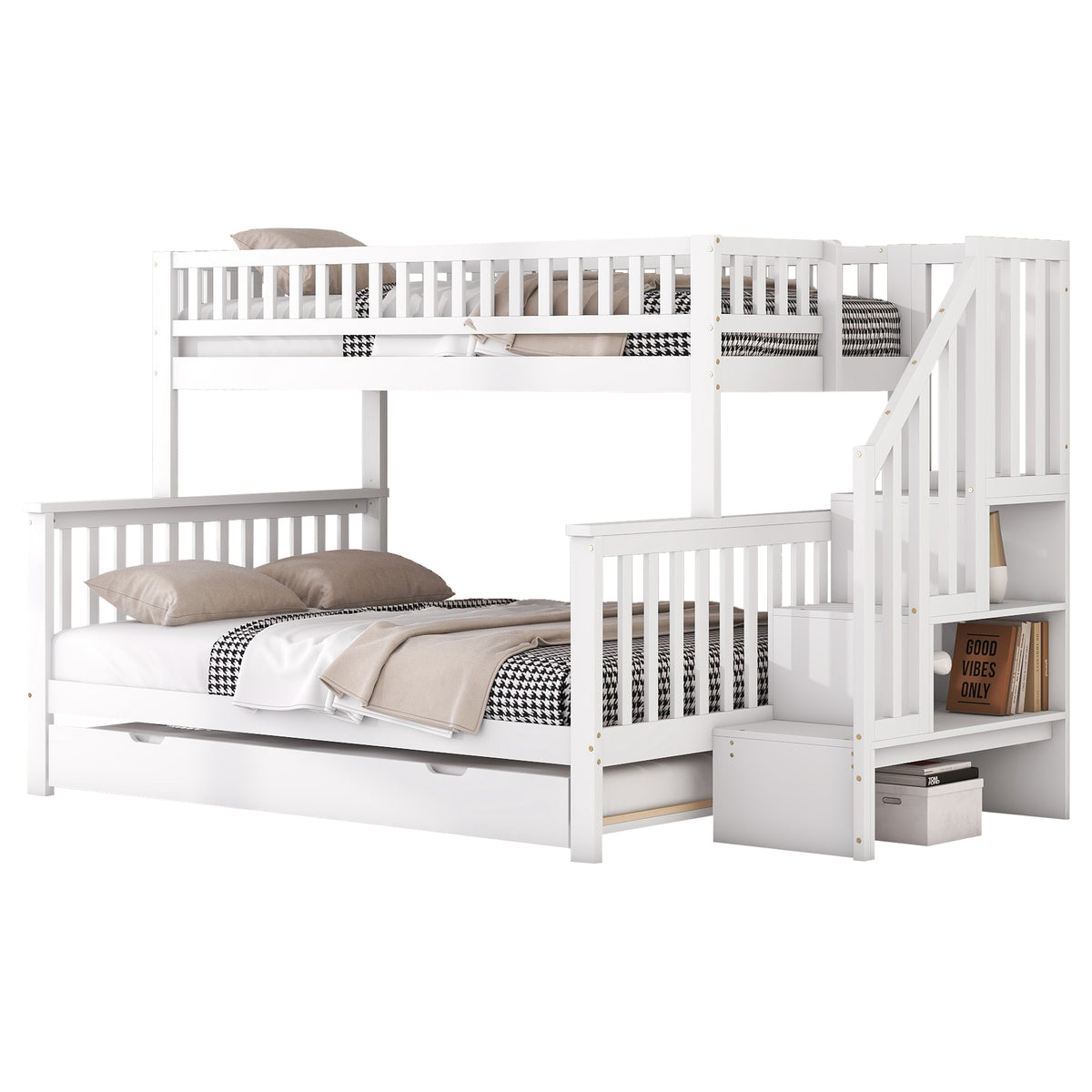 Bunk Bed 90x200/140x200cm with Stairs & Storage, Pine White