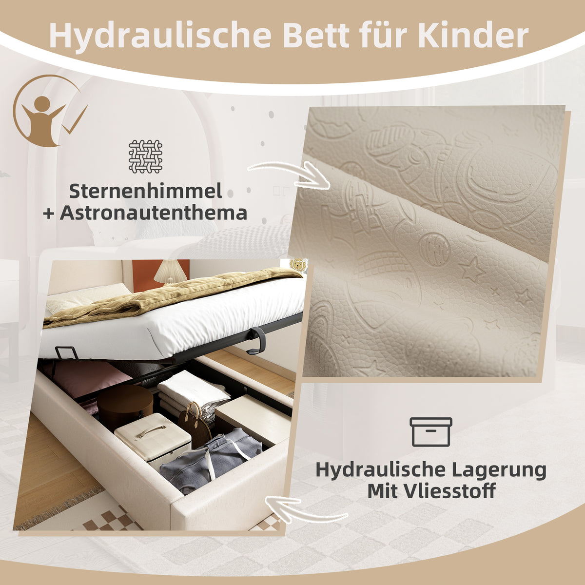 Upholstered Kids Bed, Cosmic Pattern 90x190cm, Beige PU
